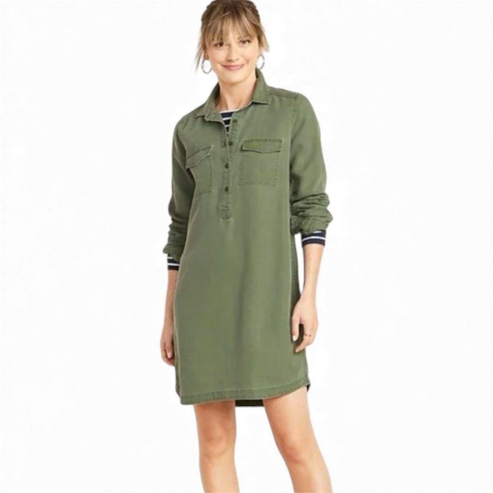 Old Navy Matcha Green Faded Twill Relaxed Above Knee Long Sleeve Shirt Dress